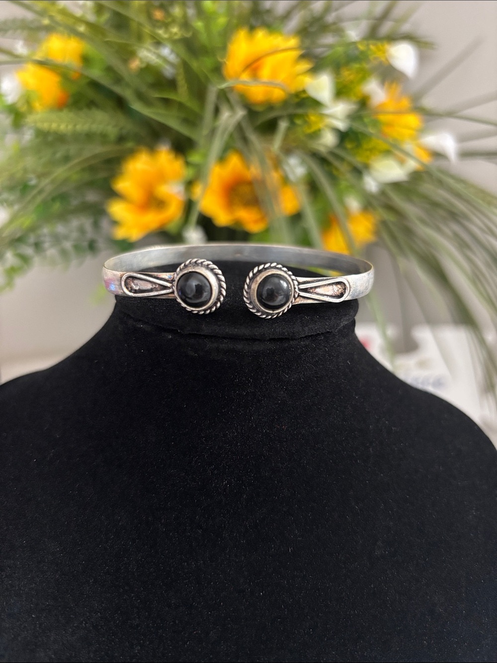 Sterling Silver Black Onyx Gemstone Cuff Bracelet - Adjustable